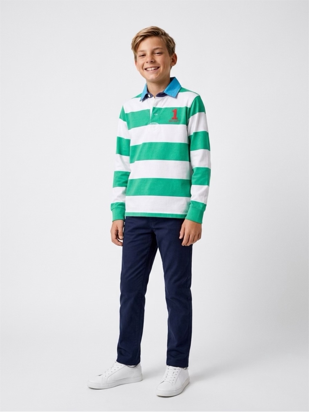 Hackett Green & White Striped Rugby Polo with Blue Collar